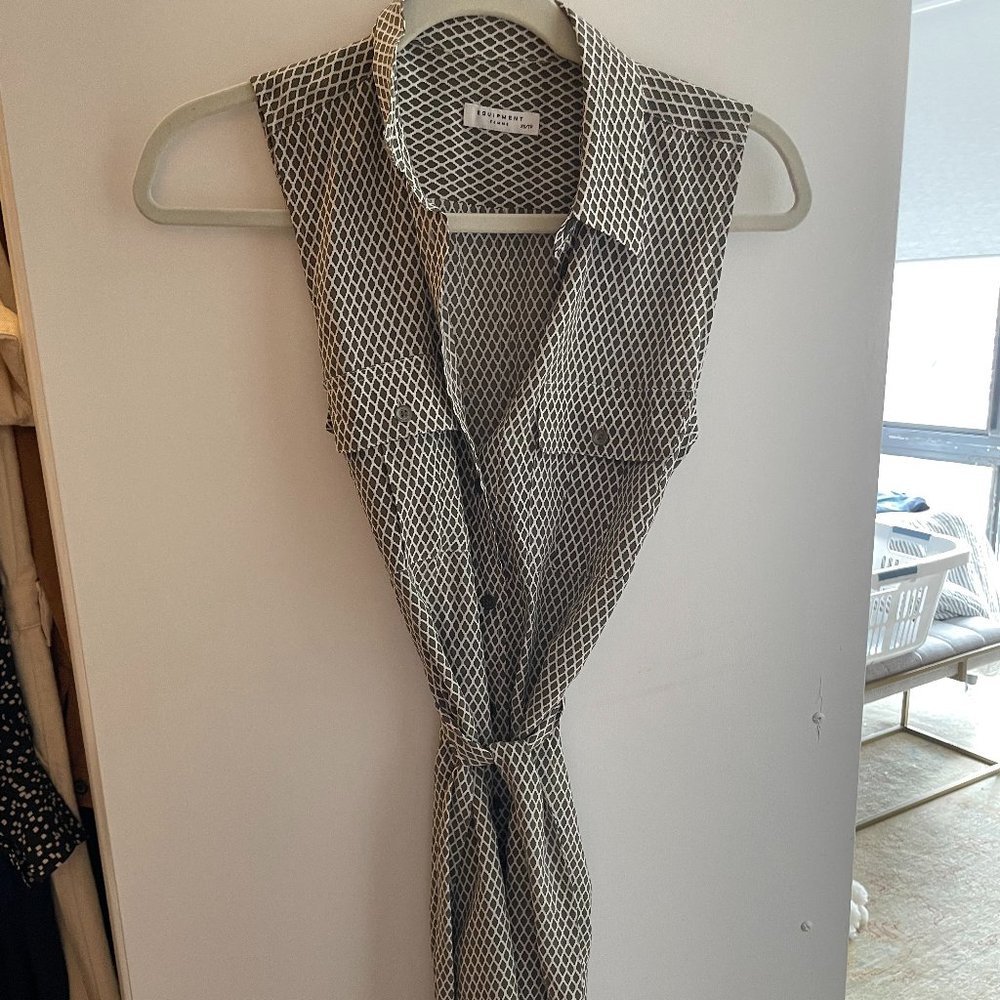 Equipment Silk Collared, Button-Down Dress - Size XS, Green/White Pattern